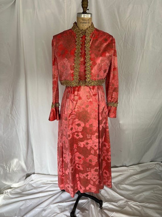 1960s Pink Silk Flocked Evening Gown