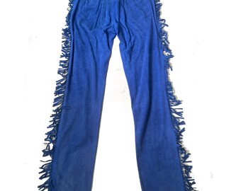 Pantalones vaqueros de ante azul con flecos de los años 70