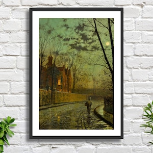 May include: A painting of a street scene at night with a single figure walking down the street. The street is lit by a full moon and the figure is silhouetted against the light. The buildings on either side of the street are dark and mysterious.