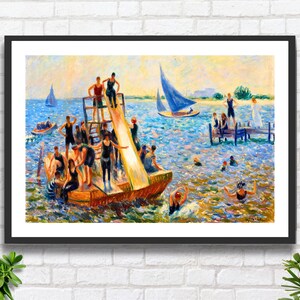 William James Glackens 'The Raft' 1915 scena di spiaggia soleggiata con bagnanti artista americano decorazione murale blu paesaggio stampa giclée o stampa incorniciata