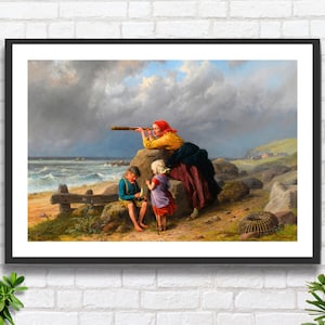 William Bromley, "In attesa del ritorno dei pescherecci", artista inglese, raffigurante una scena costiera. Stampa giclée o stampa incorniciata. Ideale come regalo.