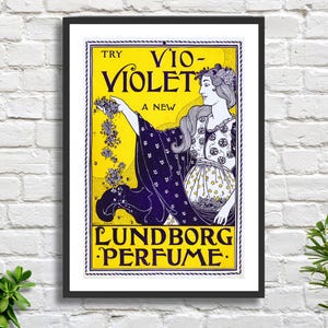 Póster publicitario vintage 'Una mujer sostiene flores. Perfume Lundborg' del artista estadounidense Louis Rhead, impresión giclée/impresión giclée enmarcada, regalo ideal