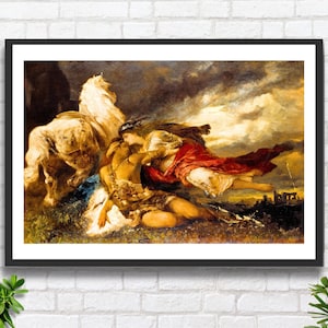 Impresión giclée o enmarcada de arte de pared dorado de mitología romántica 'Valkyrie and a Dying Hero' de Hans Makart, ideal como muestra de amor o regalo de aniversario.