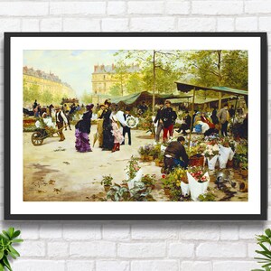 Victor Gabriel Gilbert 'Il mercato inferiore, Parigi', artista francese venditore di fiori, stampa giclée di arte figurativa o stampa giclée incorniciata. Regalo ideale.