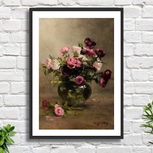 Natura morta di Eva Gonzalès "Vaso di rose", artista impressionista francese. Fiori, rose rosa, stampa giclée floreale o stampa incorniciata. Ideale come regalo.