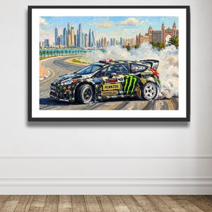 Ken Block Hoonigan Ford Fiesta ST RX43: Gymkhana 8 Dubai Impressionist Impasto Motorsport Print in a black frame hanging in a living room