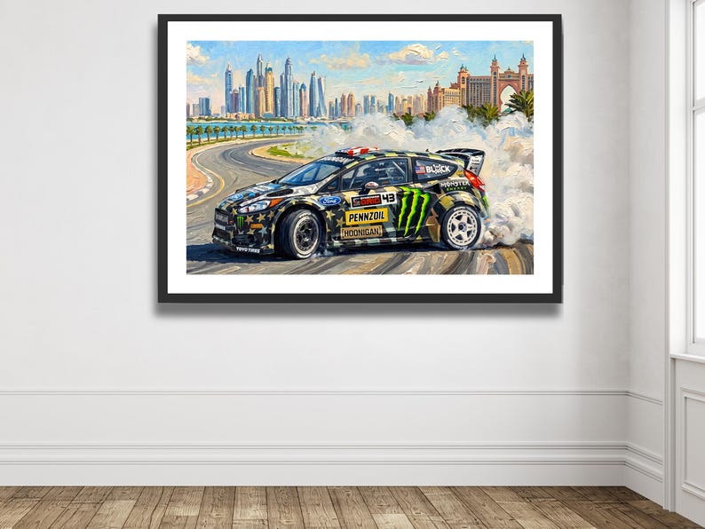 Ken Block Hoonigan Ford Fiesta ST RX43: Gymkhana 8 Dubai Impressionist Impasto Motorsport Print in a black frame hanging in a living room