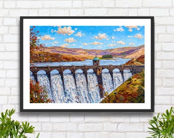 May include: An oil painting print featuring a stone dam with multiple arches and cascading water. A small domed structure sits atop the dam, set against a landscape of rolling hills, a blue sky with white clouds, and autumn-toned foliage.
