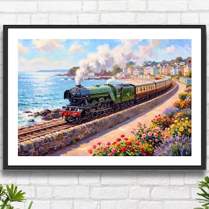 Flying Scotsman Steam Train, Dawlish, Devon, England: Impressionist Seaside Railway Landscape Art Print