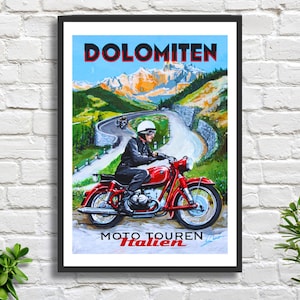 Französisches Vintage Reise / Motorrad-Werbeplakat 'The Dolomites' Giclée-Druck oder gerahmter Giclée-Druck. Ideales Geschenk für Motorrad Fan.
