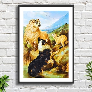 Walter Hunt &#39;Rescued&#39; 1888 English artist Border Collie sheep dog and sheep landscape art giclee print or framed print. Ideal birthday gift.