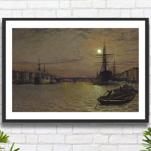 John Atkinson Grimshaw 'La piscina e il ponte di Londra di notte', artista inglese, paesaggio notturno sul Tamigi, stampa giclée/stampa incorniciata.