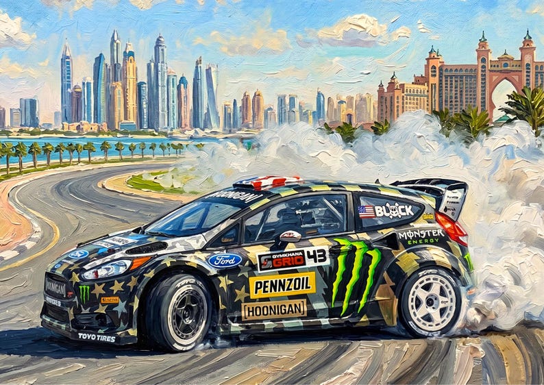 Ken Block Hoonigan Ford Fiesta ST RX43: Gymkhana 8 Dubai Impressionist Impasto Motorsport Print
