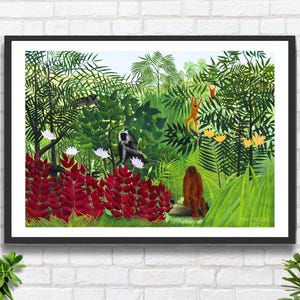Henri Rousseau &#39;Tropische Blumen mit Affen&#39; französischer Post-Impressionist Künstler grüner Wanddekor Landschaftsgicledruck oder gerahmter Druck.