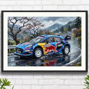 May include: A framed print of a blue, yellow, and red Ford rally car racing on a wet road. The car has sponsor logos and the words "Rally Japan." The background features a Japanese landscape with cherry blossom trees and mountains.