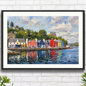 Tobermory, Isola di Mull, Scozia: Stampa artistica murale costiera scozzese con edifici colorati sul porto