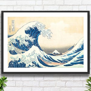 Katsushika Hokusai "La grande onda di Kanagawa" Artista giapponese Periodo Edo Stile Ukiyo-e Paesaggio marino nautico Stampa giclée o stampa incorniciata.