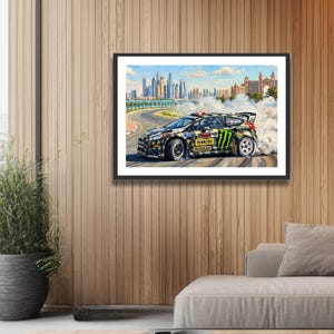 Ken Block Hoonigan Ford Fiesta ST RX43: Gymkhana 8 Dubai Impressionist Impasto Motorsport Print in a black frame hanging in an apartment