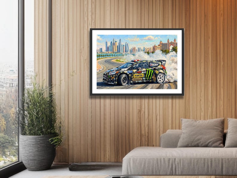 Ken Block Hoonigan Ford Fiesta ST RX43: Gymkhana 8 Dubai Impressionist Impasto Motorsport Print in a black frame hanging in an apartment