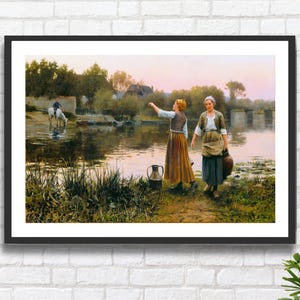 Daniel Ridgway Knight 'The Water Carriers', artista americano, decorazione murale figurativa raffigurante un paesaggio fluviale, stampa giclée o stampa incorniciata.