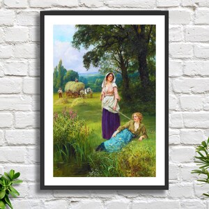 Henry John Yeend King 'Haymaking' englische Landschaftsszene figurativer Landschaftsdruck oder gerahmter Druck. Ideales Dankeschön Geschenk.