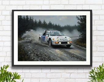 Ford RS200 Gruppo B Rally Car: Kalle Grundel nella foresta di Kielder Stampa o tela