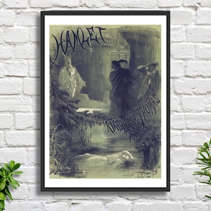 May include: A framed vintage poster for the opera "Hamlet." The artwork is a dark, atmospheric illustration with figures and text in muted tones. The title "Hamlet" is boldly displayed at the top of the poster.
