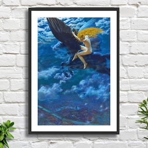 "Dream Idyll (A Valkyrie)" di Edward Robert Hughes, artista inglese, mitologia romantica, decorazione da parete blu, stampa giclée o stampa incorniciata. Regalo ideale.