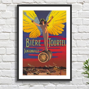 Manifesto vintage della birra francese, Imp. B. Sirven 'Bière Tourtel. Tantonville', poster da caverna per uomini, decorazione da parete gialla e rossa, stampa giclée o stampa incorniciata.
