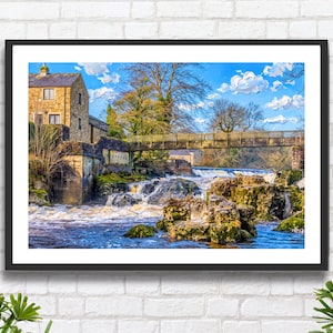 Linton Falls, River Wharfe & Footbridge, Linton: Yorkshire Dales Impressionist Wall Art Print or Canvas