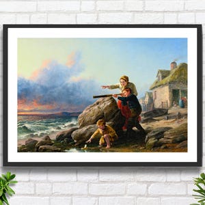 William Bromley, "Alla ricerca di barche", artista realista inglese, scena costiera, arte figurativa, stampa giclée o stampa incorniciata. Ideale come regalo di ringraziamento.