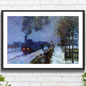 Claude Monet &#39;Train in the Snow; The Locomotive&#39; steam train in snow landscape art grey and white wall decor giclee print or framed print.