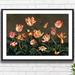 Johannes Bosschaert „Stillleben mit Tulpen“ Blumen Druck schwarz weiß Wanddekor pink-weiße Tulpen mit Kunstdruck/Poster mit Rahmen