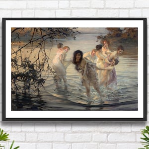 Paul Émile Chabas 'Les Nymphes de Danse' (Le ninfe della danza) artista francese, decorazione murale grigio-marrone, mitologia romantica, stampa giclée/stampa incorniciata