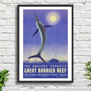 Manifesto di viaggio australiano d'epoca di Noel Pascoe Lamber "Il paradiso dei pescatori, Grande barriera corallina", decorazione da parete blu, stampa giclée o stampa incorniciata