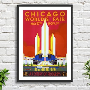 Stampa Art Déco di Weimer Pursell "Esposizione Universale di Chicago. Un secolo di progresso", decorazione da parete in rosa acceso/rosso, stampa giclée o stampa incorniciata.