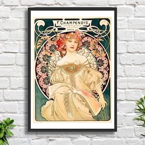 Alphonse Mucha 'F. Champenois Imprimeur-editeur '1898 vintage Werbeplakat giclee print oder gerahmter Druck. Ein ideales Einweihungsgeschenk.