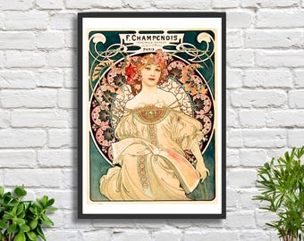 Alphonse Mucha &#39;F. Champenois Imprimeur-Editeur&#39; 1898 vintage advertising poster giclee print or framed print. Ideal housewarming gift.