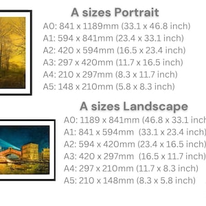 Slide with precise measurements of A sized prints in inches and mm for both portrait and landscape elevations