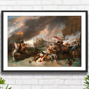 Benjamin West 'La battaglia di La Hogue' 1778 scena di battaglia costiera opera d'arte figurativa stampa giclée o stampa giclée incorniciata. Regalo di compleanno ideale