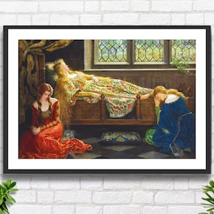 L'artista preraffaellita inglese John Collier, "La bella addormentata", 1921, stampa giclée sulla mitologia romantica o stampa giclée incorniciata.
