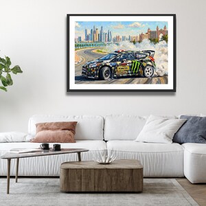 Ken Block Hoonigan Ford Fiesta ST RX43: Gymkhana 8 Dubai Impressionist Impasto Motorsport Print in a black frame hanging in a living room