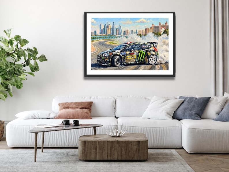 Ken Block Hoonigan Ford Fiesta ST RX43: Gymkhana 8 Dubai Impressionist Impasto Motorsport Print in a black frame hanging in a living room
