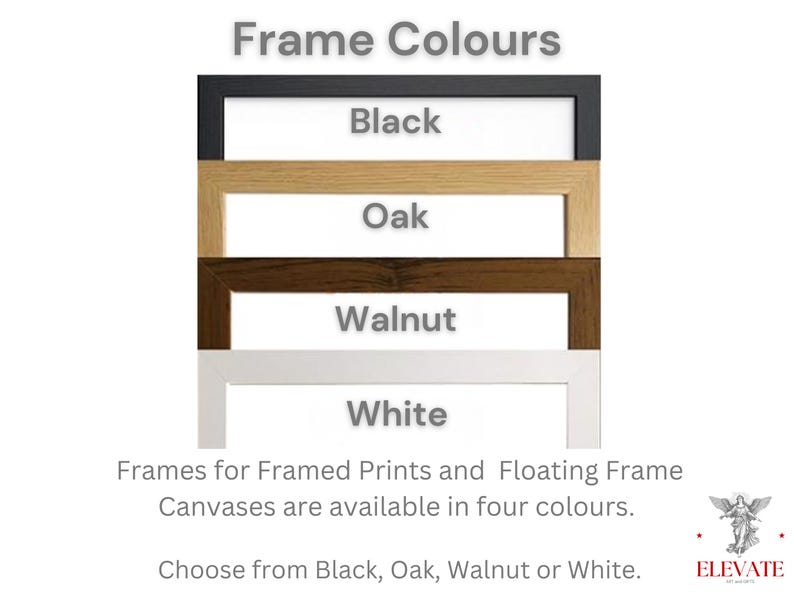 Slide with information about color choices of frames for framed prints and canvases with floating frames