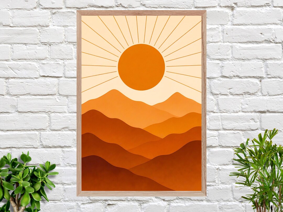 Boho Sun and Mountain Wall Art Print – Minimalist Sunset Landscape in ...