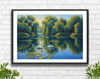 Two Swans on a Summer Pond Impressionist Nature Landscape: Tranquil Waterlily Wall Art Giclee Print