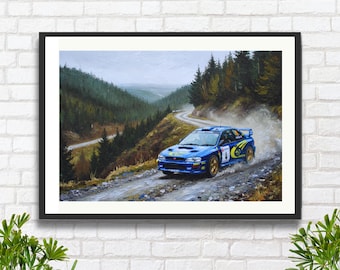 Subaru Impreza WRC S6 de rally en el bosque de Dyfi, Gales: Impresión o lienzo de automovilismo