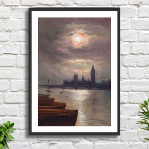George Hyde Pownall Big Ben, Houses of Parliament, fiume Tamigi, opera "The Moonlit River", stampa giclée o stampa incorniciata raffigurante il paesaggio urbano di Londra.