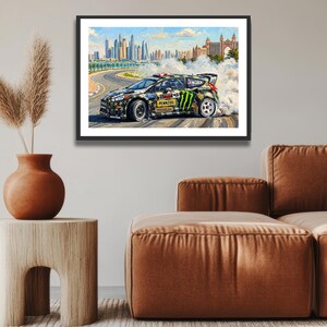 Ken Block Hoonigan Ford Fiesta ST RX43: Gymkhana 8 Dubai Impressionist Impasto Motorsport Print in a black frame hanging in a living room