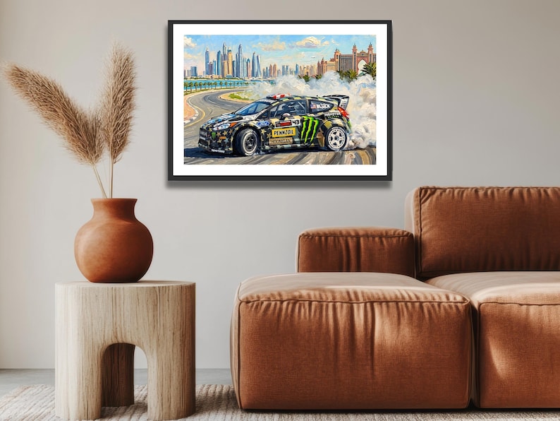 Ken Block Hoonigan Ford Fiesta ST RX43: Gymkhana 8 Dubai Impressionist Impasto Motorsport Print in a black frame hanging in a living room